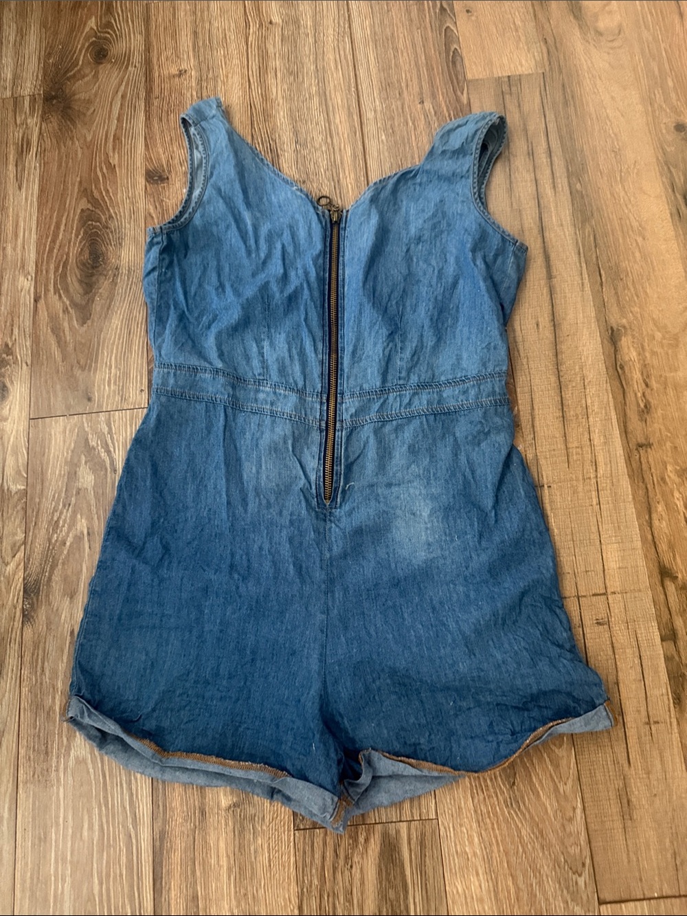 Sleeveless Denim Romper with Front Zip - Blue
